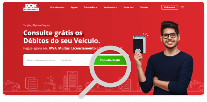 Multas Despachante Dok, imagem da página inicial do site com foco na consulta