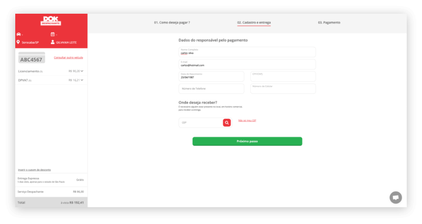janela do navegador mostrando a pagina pagamento em endereço de entrega do site