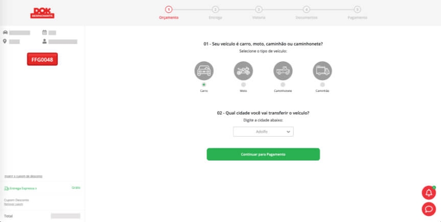 placa dok despachante, imagem da opção orçamento no checkout