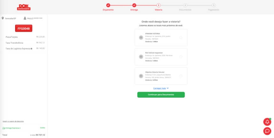 placa dok despachante, imagem da opção vistoria no checkout