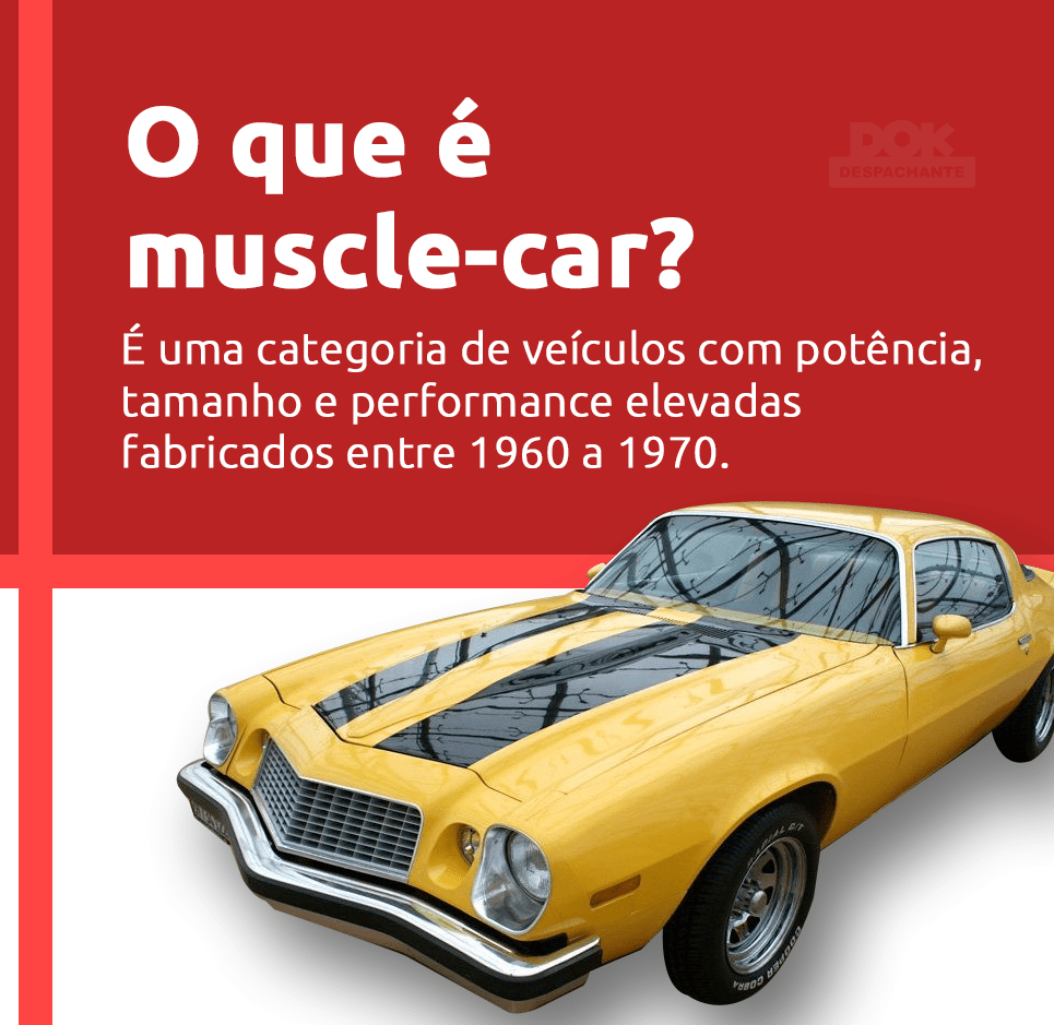 Infográfico sobre muscle-car com imagem de um Camaro 1976 I DOK Despachante. 