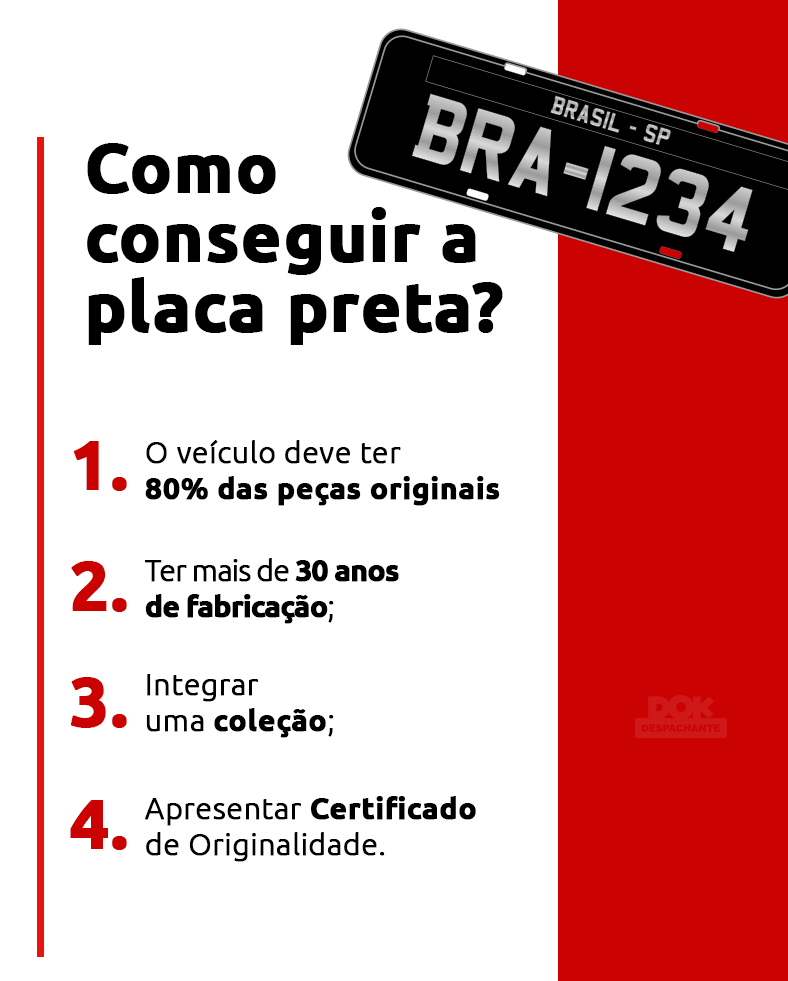 Infográfico como conseguir a placa preta - DOK Despachante1- 80% das peças originais;
2- Mais de 30 anos de fabricação;
3- Ser de coleção;
4- Certificado de originalidade.