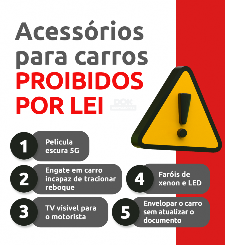 Infográfico acessórios para carros  proibidos por lei - DOK Despachante1- Películas escura 5G
2- Engate em carro incapaz de tracionar reboque
3-TV visível para o motorista
4-Faróis de xenon e LED
5-Envelopar o carro sem atualizar o documento 