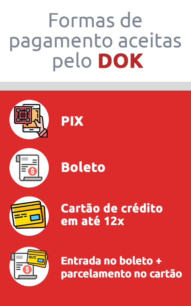 Infográfico formas de pagamento do DOK Despachante:
- PIX;
- Boleto;
- Cartão em até 12x;
- Entrada no boleto + parcelamento no cartão.