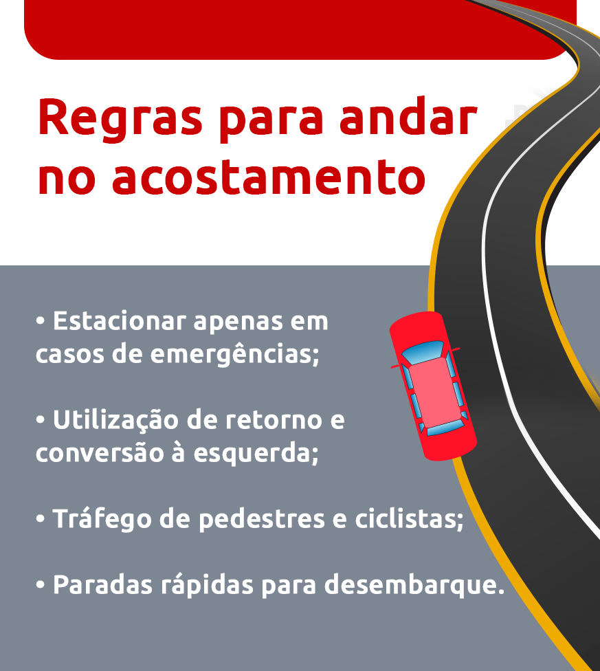 Infográfico regras para andar no acostamento | DOK Despachante
- Estacionar em casos de emergência;
- Utilização para conversão a esquerda;
- Tráfego de pedestres e ciclistas;
- Parada rápida para desembarque.