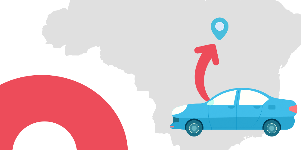 vetor de transferência de localidade veicular | DOK DespachanteDescrição: veículo azul sobre o mapa do território brasileiro na cor cinza; uma flecha liga o carro de um estado a outro.
