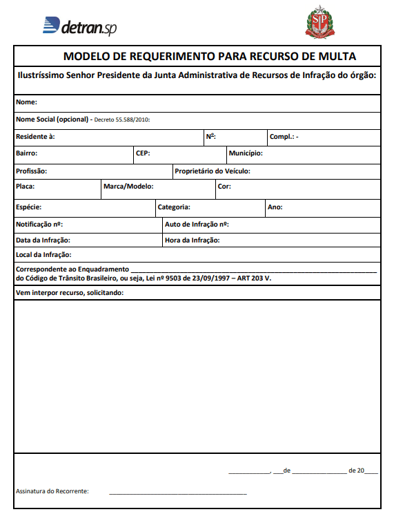 Imagem de requerimento de recurso JARI do Detran São Paulo | DOK Despachante