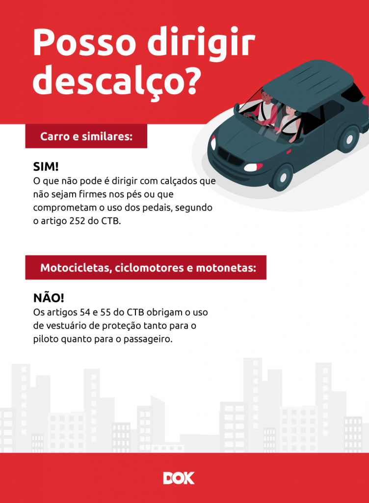 Infográfico sobre se é permitido dirigir carro e moto descalço | DOK Despachante