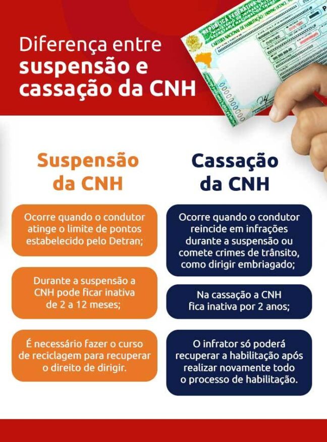 Infográfico sobre a diferença entre suspensão e cassação da CNH. DOK Despachante.